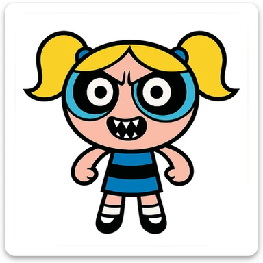 Bubbles, cartoon girl with pigtails and big eyes, inspired by Powerpuff Girls, scary creepy look, vibrant cartoon style sticker