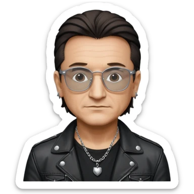 Bono with black glasses, shirt with silver necklace, black leather jacket  sticker