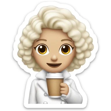 blonde girl wearing white fluffy jacket and a coffee to go in hand all dress white sticker