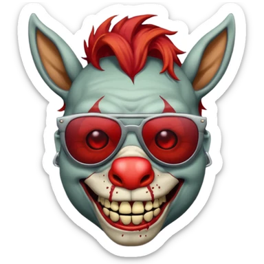 Zombie donkey with sun glasses and red hair and joker nose hungry  sticker