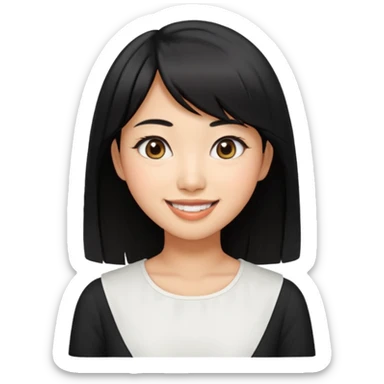 30 yr old asian woman center parted hair big eyes big smile tanned skin straight black hair hippie part hair white blouse shoulder length hair middle parted hair few short bangs at front trendy hair sticker
