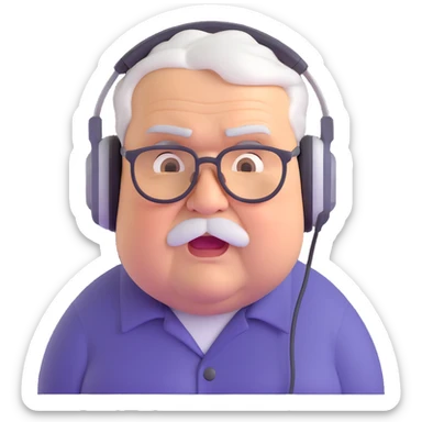Very chubby brown old man with medium white hair, wearing glasses and headphones, looking surprised and angry, no facial hair, round full cheeks, double chin, looking to the upper left corner sticker
