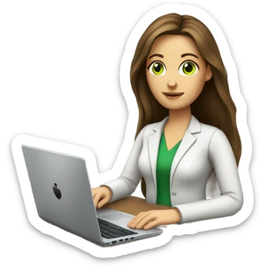 Female coding teacher featuring a laptop. She has long brunette hair, green eyes, white skin. sticker