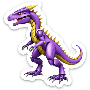 Cool Badass Futuristic Purple Yellow Digimon-Fakemon-Guilmon-Velociraptor-Dragon-Mecha full body sticker
