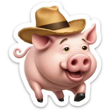 Pig chasing a person with cotelette beard and a small round hat on the back of his head sticker