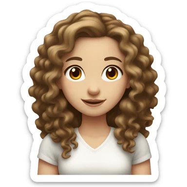 White girl with brunette long curly hair with cute smile and red heart instead of eyes sticker