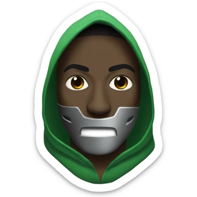 a black male with a green hoodie and mf doom mask sticker