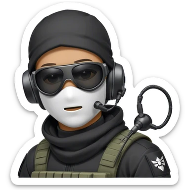 Futuristic special forces soldier wearing a white full-face balaclava, black wraparound sunglasses, and a high-tech military headset with a microphone. Dressed in a dark hoodie. sticker