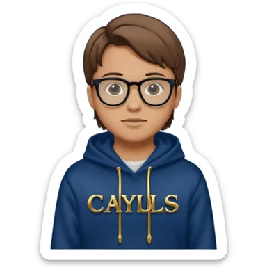 Brown hair with black glasses and a dark blue hoodie that says caylus kingdom with black pants and a gold chain sticker