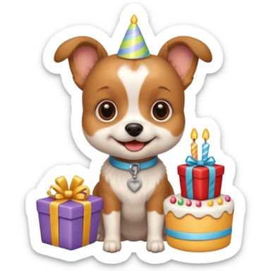 small dog with birthday cake and presents, smiling sticker