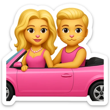 Add Barbie and Ken style wigs to both cats, keep them in a pink convertible, emoji style, no background. The style should resemble emoji style with bright colors and simple shapes. sticker