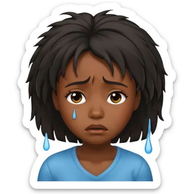 sad crying black girl with straight messy hair, iOS memoji style, expressive face, tears sticker