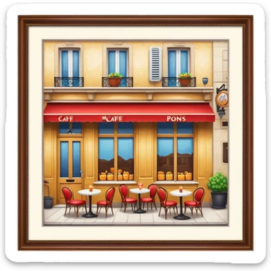 Cinematic Realistic Caf√© Culture Pop Culture Emoji, showcasing a vibrant French caf√© scene rendered with rich textures and warm, inviting lighting. sticker
