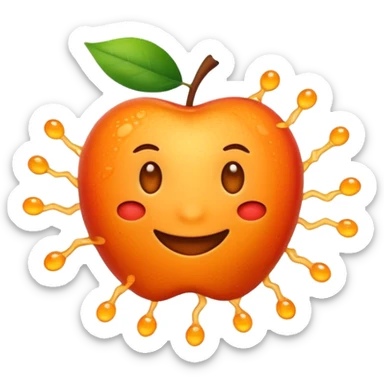 Apple-style emoji. Cute, smiling, glowing orange stem cell with small protrusions. White background. sticker