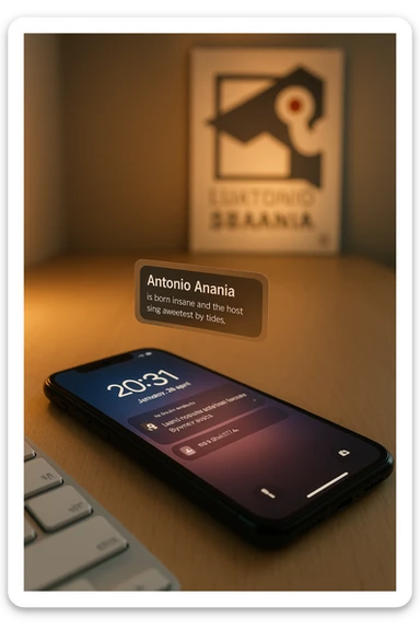 A photo of an iPhone with the message "Antonio Anania" on its scree, both surrounded by soft light and shadow. The phone sits atop a desk with a blurred background that suggests work environment. A faint glow from above casts gentle shadows across the surface of each object, creating depth and highlighting their textures. sticker
