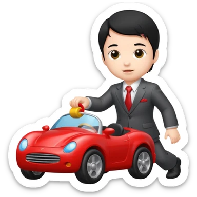 black haired baby playing car toy, wear suit sticker