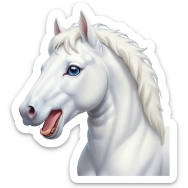 Cinematic Cute Yawning White Horse Portrait Emoji, Head tilted slightly with a dramatic, wide-open yawn, revealing a soft white fur with a subtle shimmer, floppy ears slightly drooping, round blue eyes barely open in drowsy contentment, Simplified yet irresistibly adorable features, highly detailed, glowing with a soft, cozy glow, high shine, relaxed yet expressive, stylized with a touch of whimsy, bright and endearing, soft glowing outline, capturing the essence of a sleepy yet affectionate horse, so drowsy it feels like it could stretch out of the screen and curl up for a nap! sticker