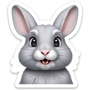 Cinematic Comical Grey Rabbit Portrait Emoji, Head tilted dramatically with an exaggeratedly amused expression, featuring a striking grey fur with subtle textures, wide, expressive grey eyes filled with playful disbelief, Simplified yet hilariously expressive features, highly detailed, glowing with a slightly sassy glow, high shine, dramatic yet playful, stylized with an air of cheeky mischief, bright and endearing, soft glowing outline, capturing the essence of a spirited and over-the-top bunny, so meme-worthy it feels like it could side-eye its way into internet fame instantly! sticker