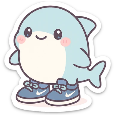 a cute shark with blue Nike shoes, kawaii style sticker