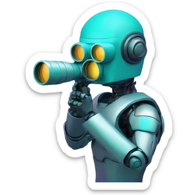 Secret half man half robot agent with a spyglass looking reviewing multicolor lines of code, cyan and purple colors sticker