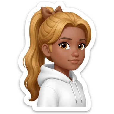 Long, golden-brown hair tied with a bow, wearing a cool white hoodie, and with a tan complexion. sticker