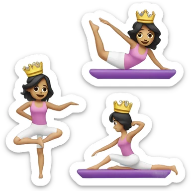 Woman doing Pilates in weird position, with a princess crown and dark hair sticker