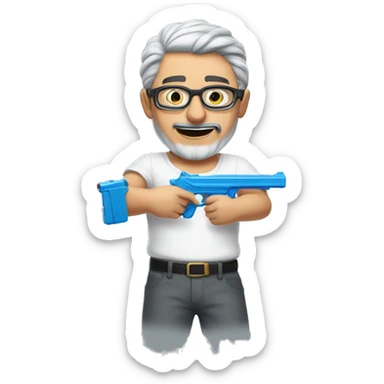 Turkish man with grey hair and protective glasses and white t-shirt aiming a water gun with one hand  sticker