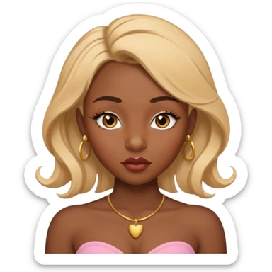 darkskin female with eyebrows that are naturally shaped and frame eyes well, eyes that are almond-shaped with defined lashes. nd lips are full with a defined cupid’s bow, add also a septum piercing that adds an edgy, stylish flair. a middle-part, honey blonde bust-down with laid baby hairs sticker