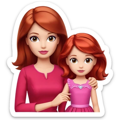 A barbie girl with makeup with brown hair with a baby, a daughter, a girl with red hair, holding her hand in red clothes sticker