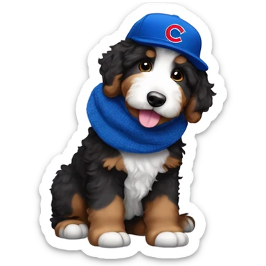 Bernedoodle with chicago cubs hat and scarf sticker