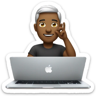 Developer looking at the camera and waving while sitting in front of the apple laptop. sticker