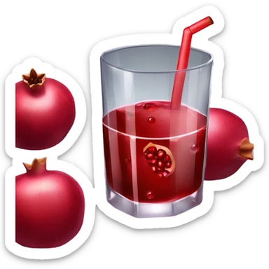 a glass of a very tempting bloody-red pomegranate juice with a pomegranate leaning on it. Ice cubes and straw in the glass. sticker
