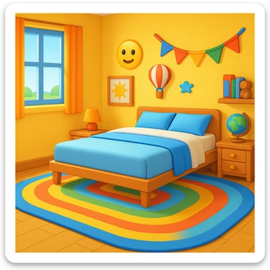 Add a colorful bedroom background with bright walls, playful decorations, and a cozy rug. Keep the room tidy and inviting in emoji style sticker