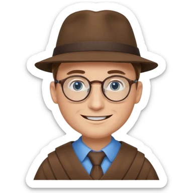 A man with sharp and thin face, brown round glasses, a brown hat and a brown costume (shoulders only), with blue eyes and a large smile on his face. sticker