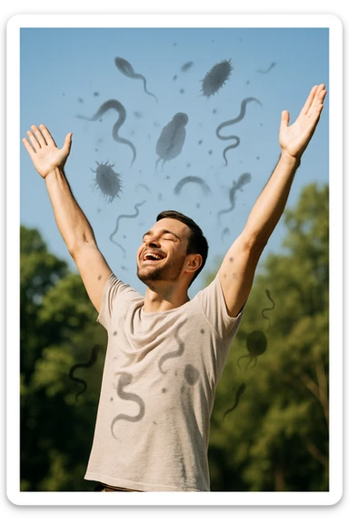 a man stands outdoors in bright sunlight, arms raised in relief and joy, while faint, shadowy silhouettes of parasites fall away from his body and dissolve into the air. His posture is upright and energetic, his expression serene and healthy. The background features green trees and a clear sky, emphasizing liberation and restored well-being. sticker