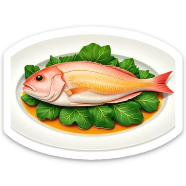 Cinematic fresh snapper fillet, pan-seared to golden perfection, soft and flaky texture, resting on a bed of sautéed greens, warm glowing background, refined and elegant. sticker