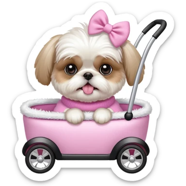little all white shih tzu with pink bows & sweater tongue sticking out stting in white buggy sticker
