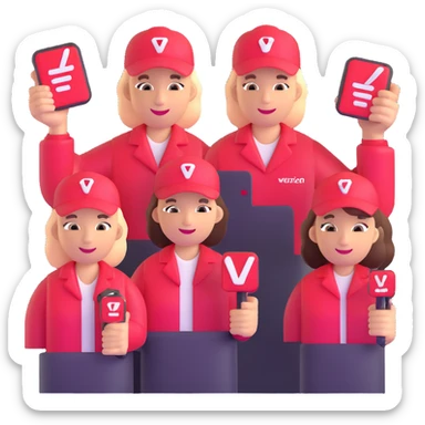 Verizon employees celebrating with perk icons like coffee, pizza, and headphones sticker