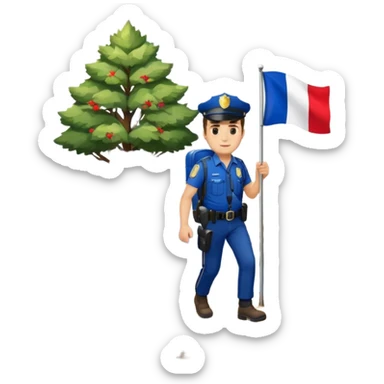 Adventurous man hiking with a police badge with mountains in the background. The French flag is on a tree sticker