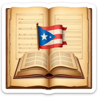 Open vintage book showing detailed stage design sketches, blueprints of theatrical sets, Puerto Rican flag elements woven into the designs, wooden borders, emanating a golden timeless glow sticker
