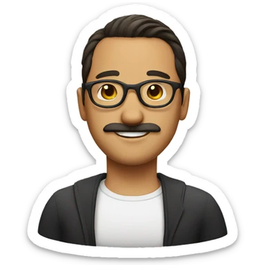 a man with a bun, round glasses and thin moustache sticker