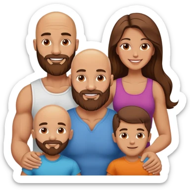 Happy Muscular Bald beard man and his hot wife with long brown hair and 3 sons sticker
