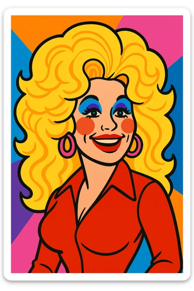Dolly Parton in 1970s style, voluminous hair, glamorous makeup sticker