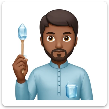 Pakistani street ice seller, simple shalwar kameez, holding ice pick and big transparent ice cube, confident and focused, 3D, shiny, clean, minimal, iPhone emoji style, plain white background sticker