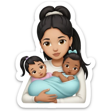 light skin black hair girl cuddling a newborn baby and a girl  with a high ponytail sticker