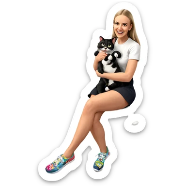 happy girl with cat sitting sticker