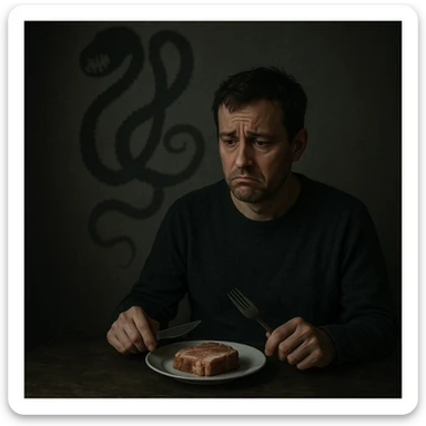 symbolic scene: man sitting at table with plate of pork meat, shadow of a tapeworm projected on the wall behind him, sad and confused expression, dark atmosphere, 4K quality sticker