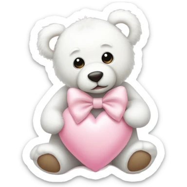 White teddybear with a bow sitting on a baby pink heart  sticker