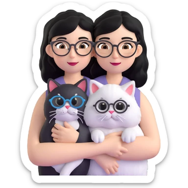Skinny woman with oval glasses, shoulder length straight black hair, wearing white sleeveless top, hugging a Persian-Angora cat that's gray and white like Oreo cookies, plain background sticker