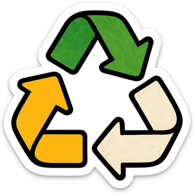 recycling arrows, modern look, green gold and white color scheme, rounded shapes, simple design sticker